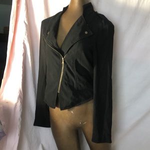 Moto-jacket style blouse, zip-up, or open collar with seethrough satiny sleeves